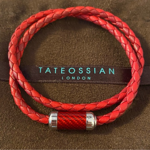 Tateossian of London red leather, double braided sterling...